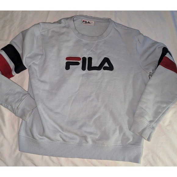 Fila Tops - Vintage Fila Women's Large Light Blue Crewneck Sweatshirt With Stripes On Sleeve